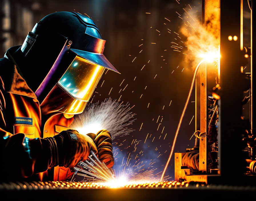 Welder in protective gear amidst bright sparks in metal fabrication.