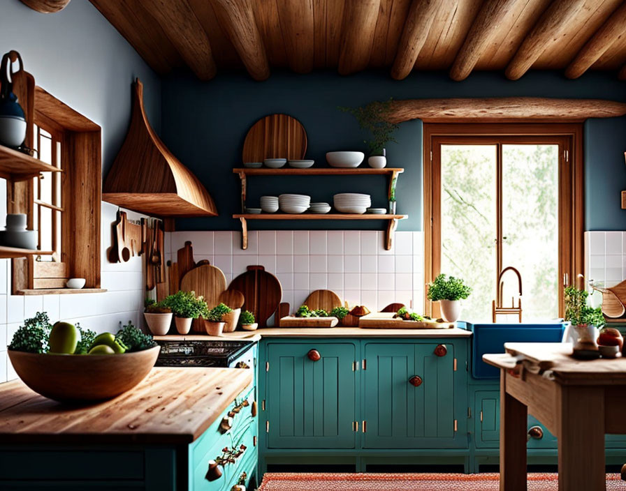 Teal Cabinets & Wooden Countertops in Country Kitchen