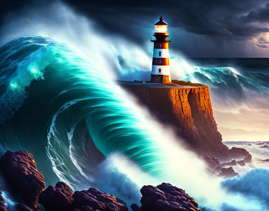 Cliffside lighthouse with dramatic sky and giant wave