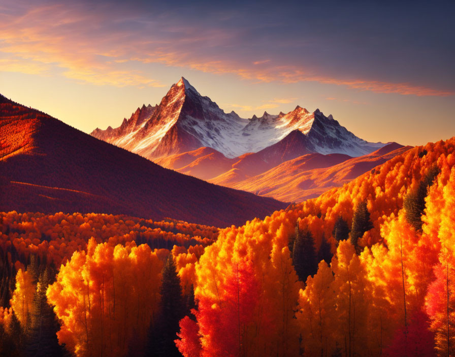 Snow-capped mountains over autumn forest with fiery foliage under warm sunset.