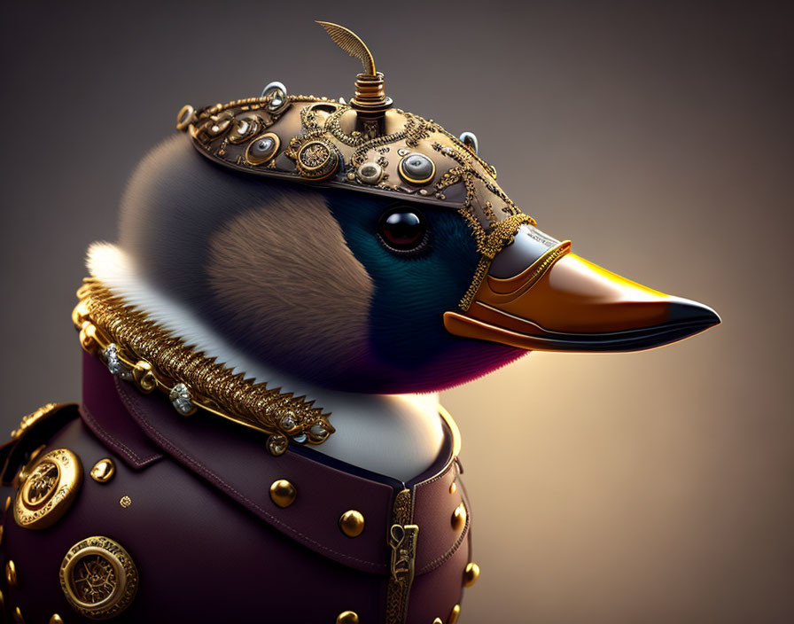 Steampunk-style duck with decorated helmet and armor in dark color scheme