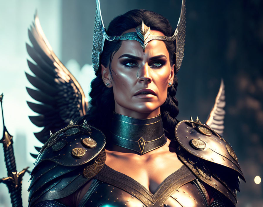 Female warrior in winged helmet and armor against misty backdrop