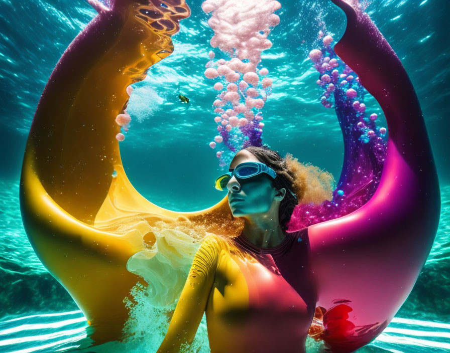 Circular underwater splash with colorful light refractions and pink bubbles, swim goggles, red swimsuit.