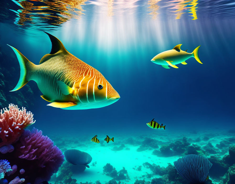 Colorful Fish Swimming Near Coral Reefs in Sunlit Underwater Scene