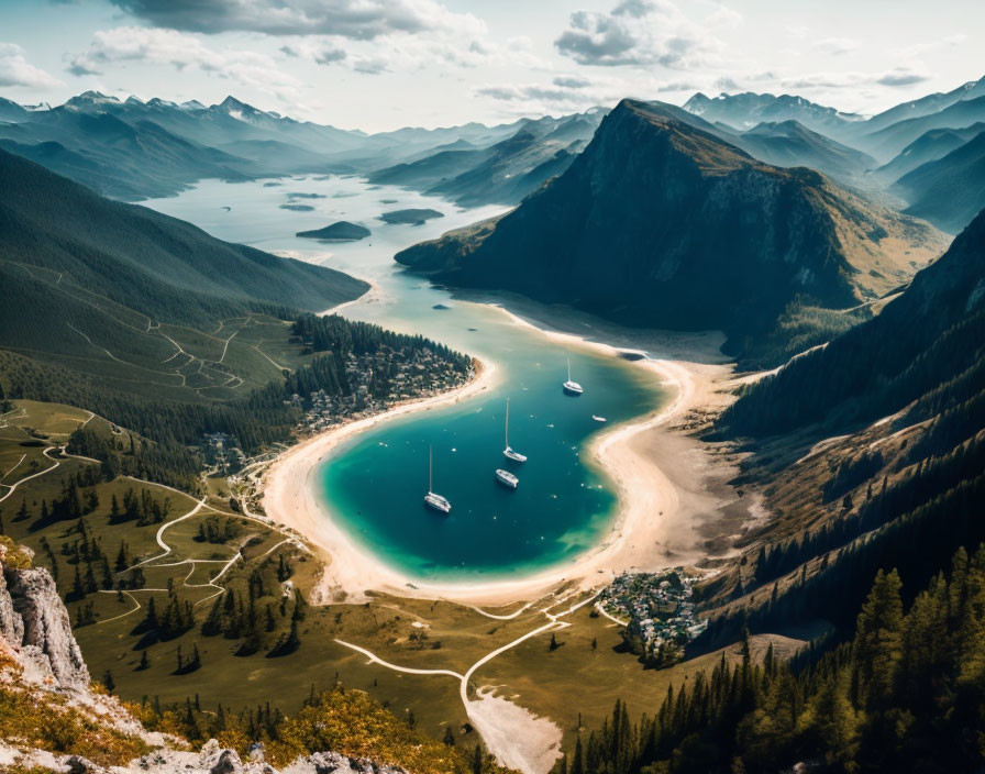 Serene mountain landscape with lake, boats, winding roads & greenery