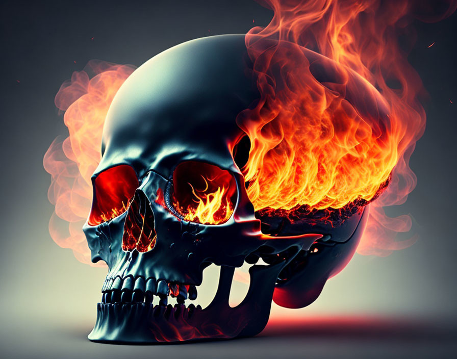 Skull engulfed in flames on gradient background