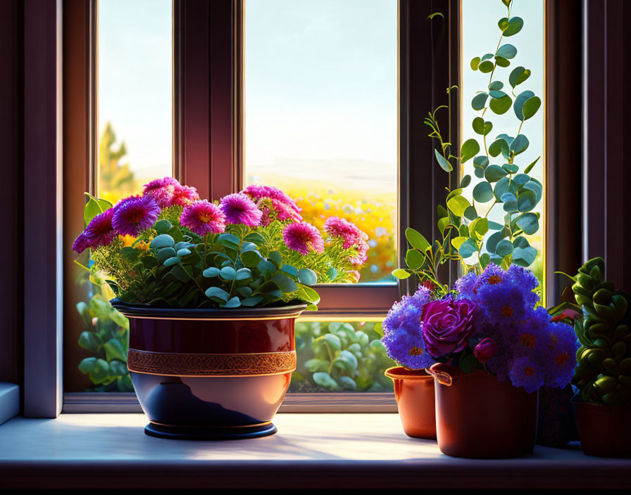 Vibrant Flowers in Pots on Sunny Windowsill