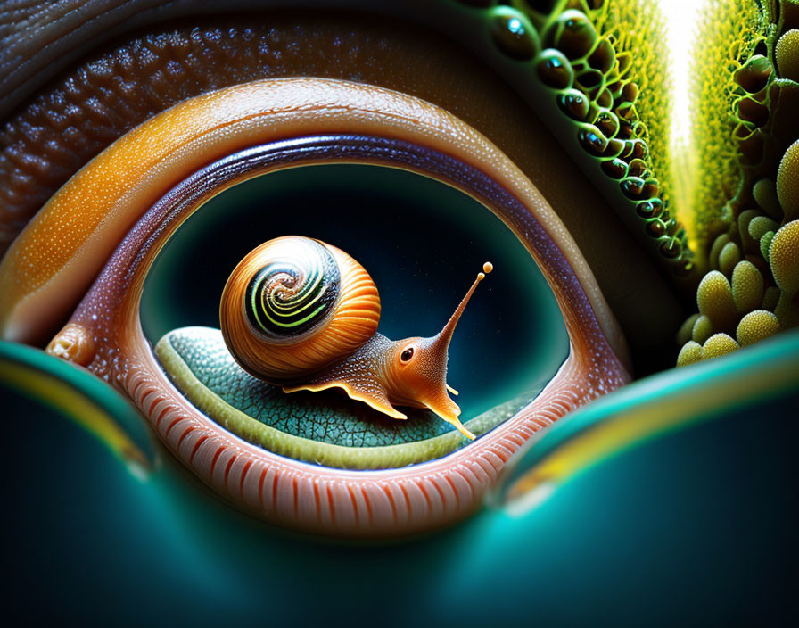 Colorful Swirled Shell Snail in Surreal Landscape