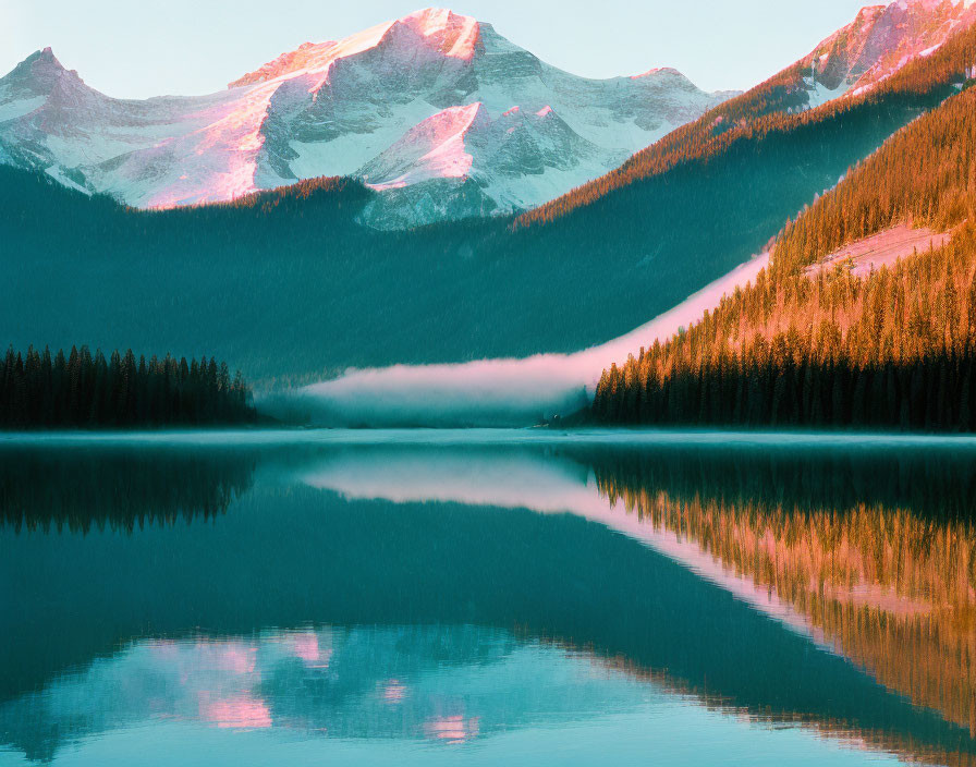 Tranquil Alpine sunrise: misty lake, forested slopes, snow-capped mountains