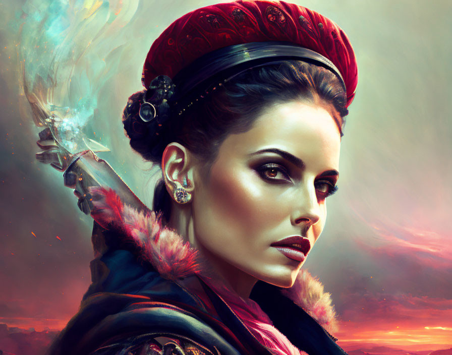 Regal woman in red headpiece and fur against fiery sky.