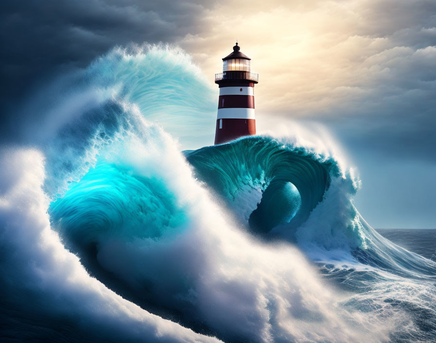 Dramatic seascape with towering lighthouse and sunlight rays