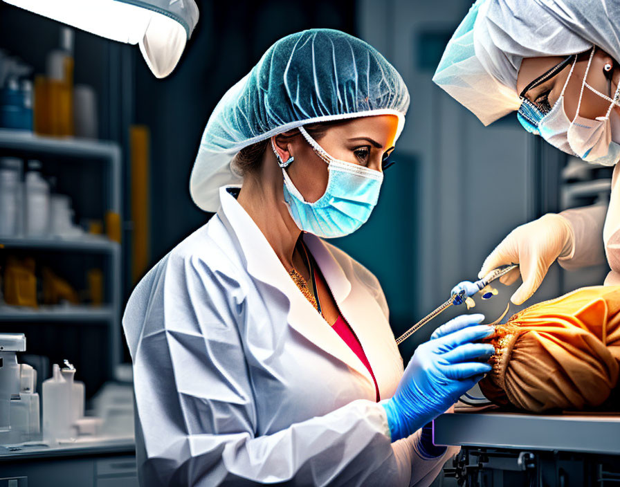 Medical professionals in scrubs and masks performing surgery in operating room