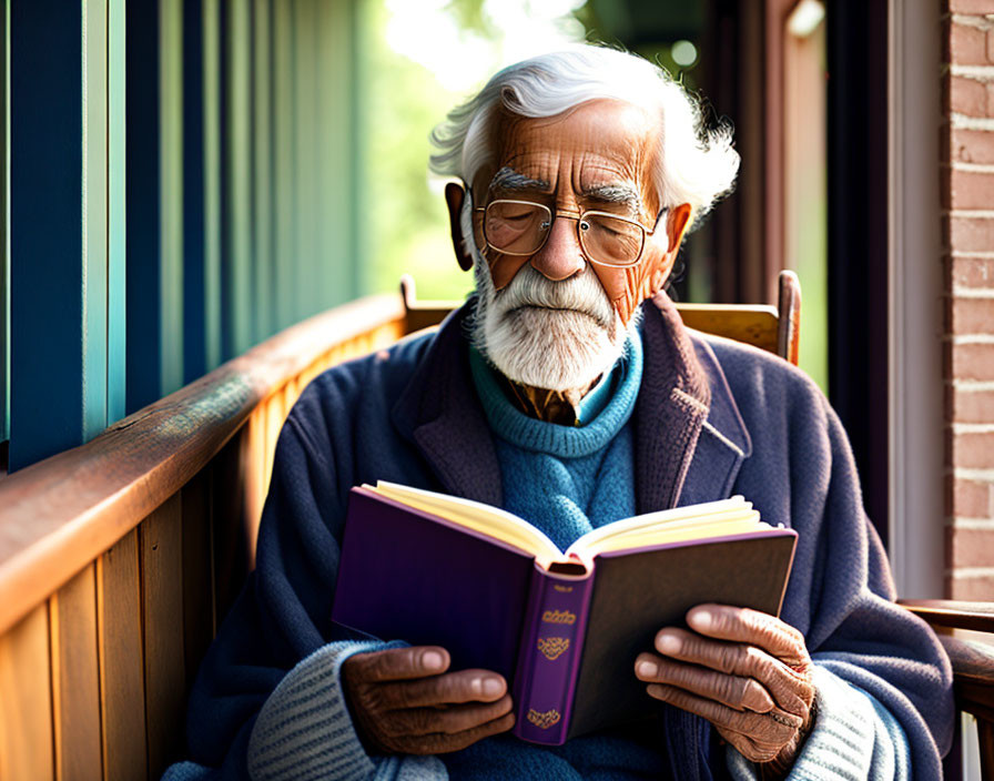 Elderly man with white beard reading book on porch bench