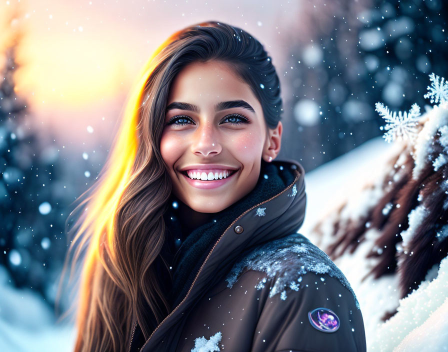 Smiling woman with long hair in snowy sunset scene