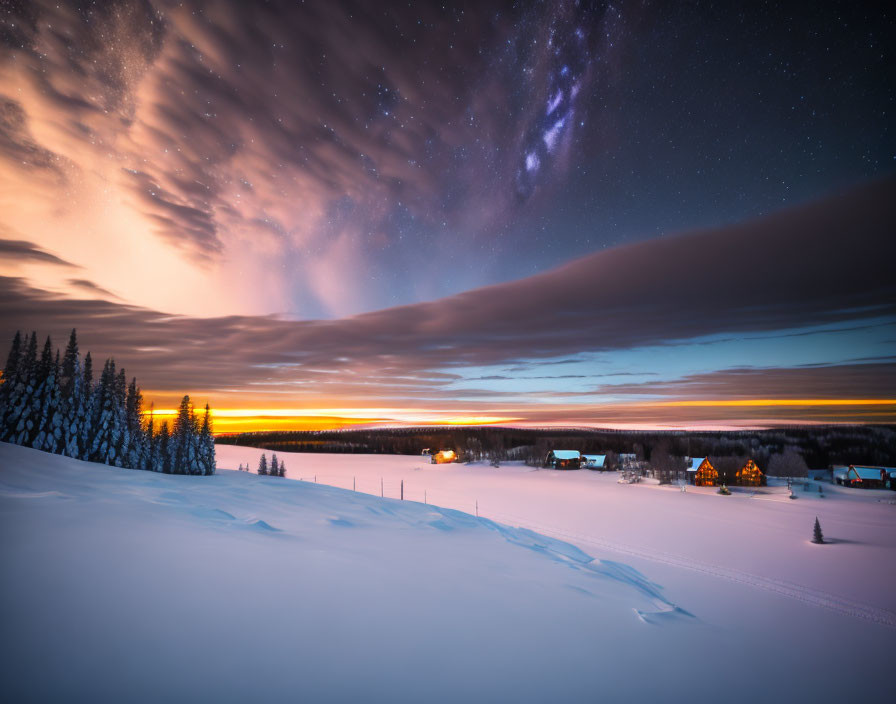 Snow-covered winter landscape at dusk with silhouetted trees, illuminated houses, and Milky Way in