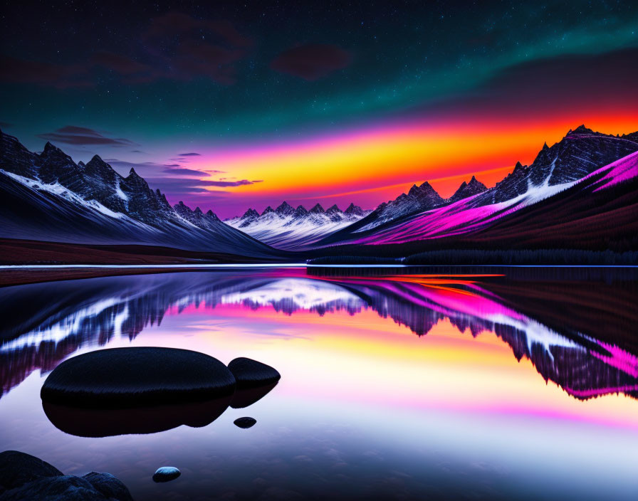 Scenic sunset over tranquil lake with mountains and northern lights