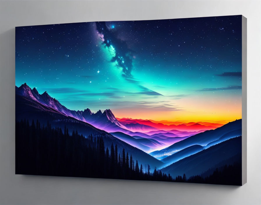 Mountain Nightscape Canvas Wall Art with Starry Sky & Colorful Dawn