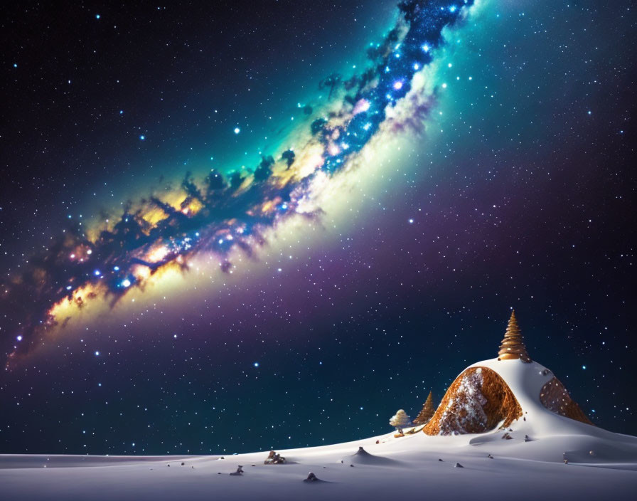 Snow-covered Night Landscape with Golden Spiral Structure & Vibrant Galaxy