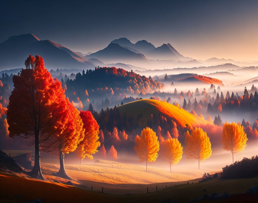 Vivid Autumn Landscape with Colorful Trees and Misty Mountains