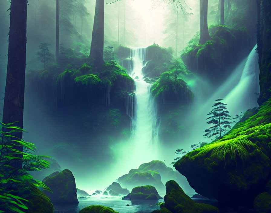 Serene green forest with sunlight, waterfall, moss-covered rocks.