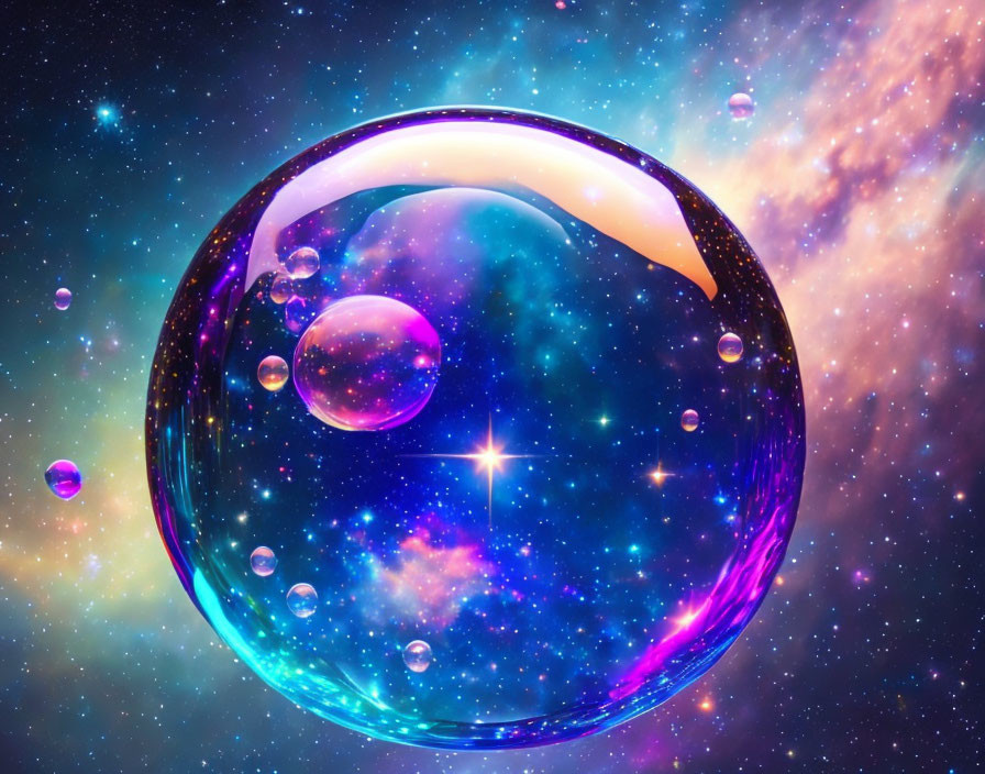 Colorful Cosmic Scene with Soap Bubble and Nebulae