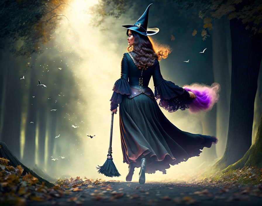 Mystical forest scene with hovering witch and birds