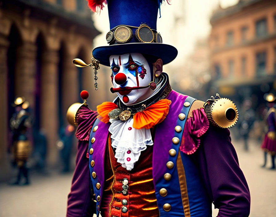 Colorful clown in ornate costume juggling on busy street