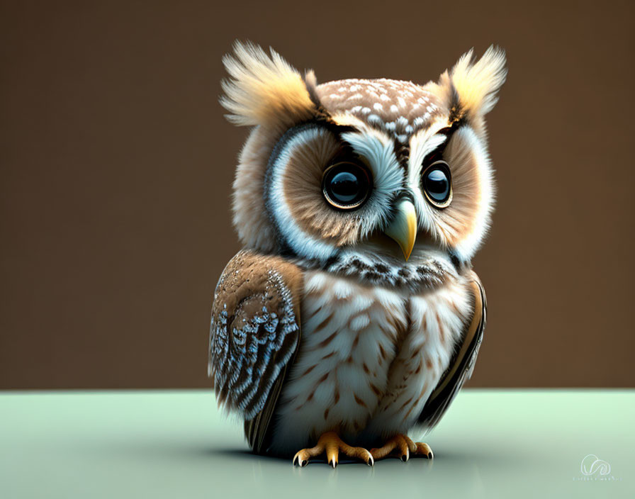 Stylized 3D cute owl with large eyes on warm brown backdrop