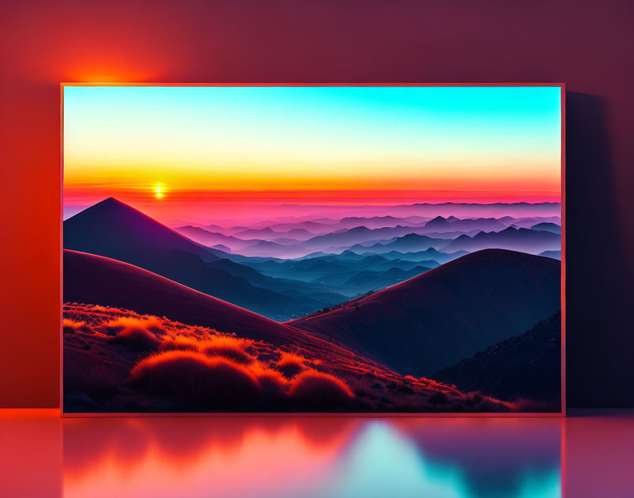 Vibrant TV Displaying Stunning Sunset Over Desert Hills