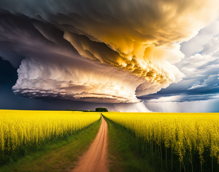 Dramatic shelf cloud over yellow flowering field path in stormy skies