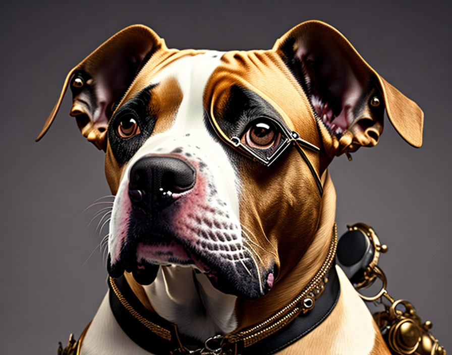 Boxer dog with glasses and gold chains on grey background