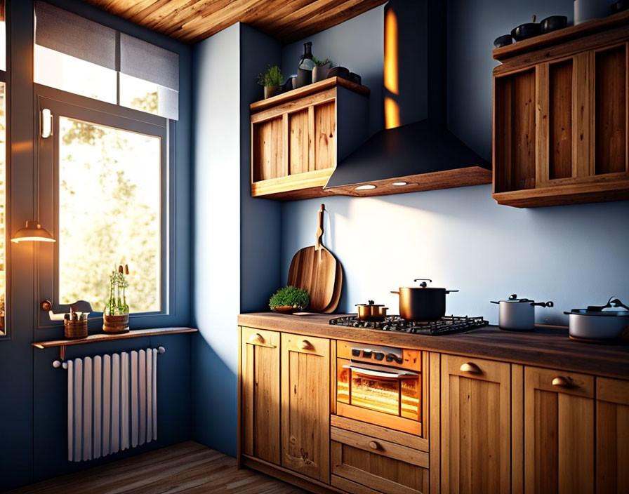 Wooden Cabinetry, Blue Window Frame, Oven, Stove Pots, Utensil Sh