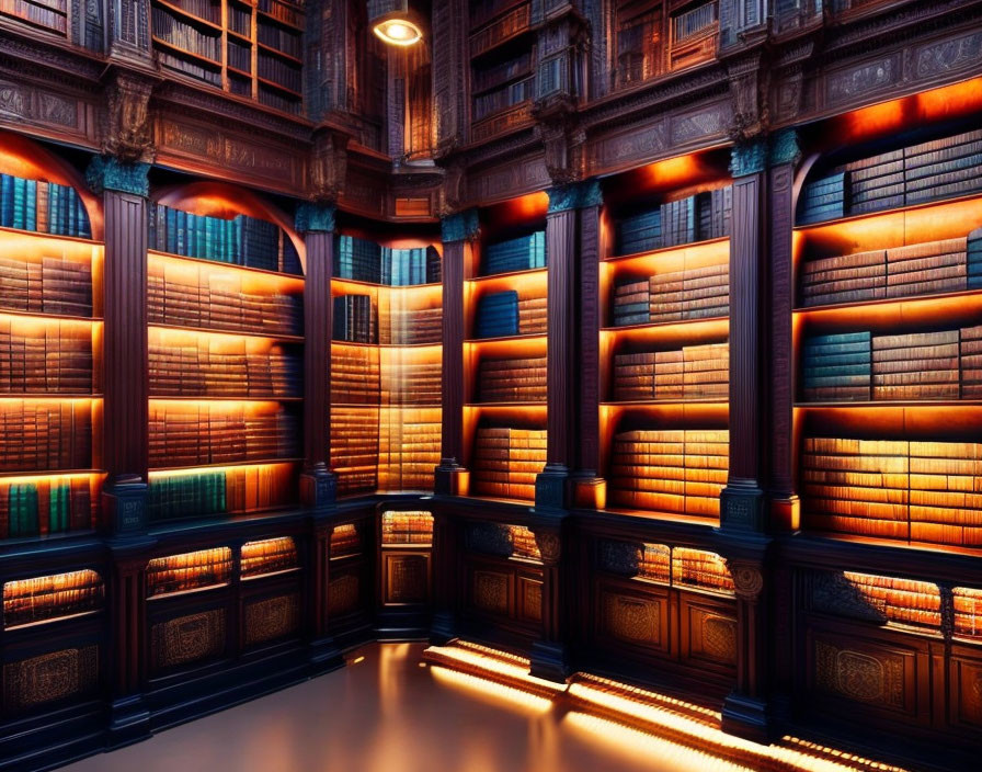 Ornate library with tall wooden shelves and cozy ambient lighting