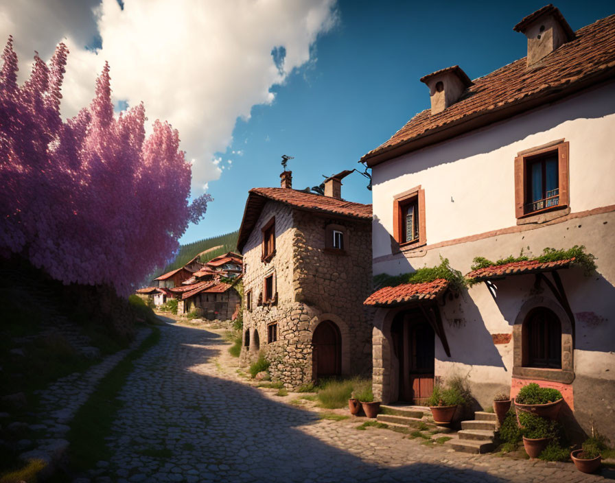 Stone Houses with Terracotta Roofs on Cobblestone Street