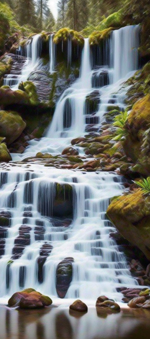 Tranquil waterfall flowing over mossy rocks in lush forest