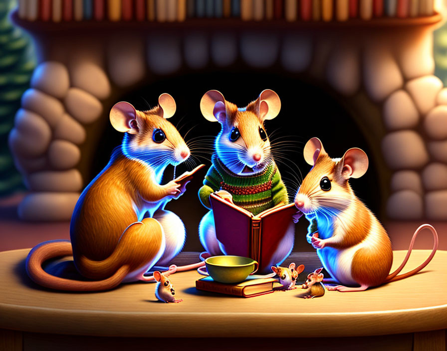 Anthropomorphic cartoon mice reading by fireside with playful foreground mice