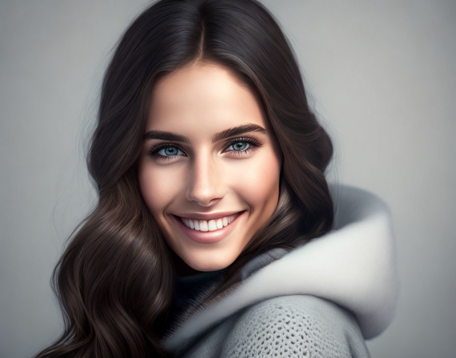 Portrait of Woman with Long Brown Hair and Blue Eyes in Grey Sweater