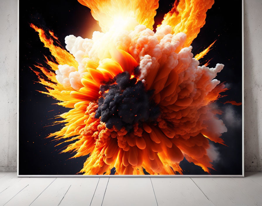 Vivid explosion poster with orange flames and smoke on easel