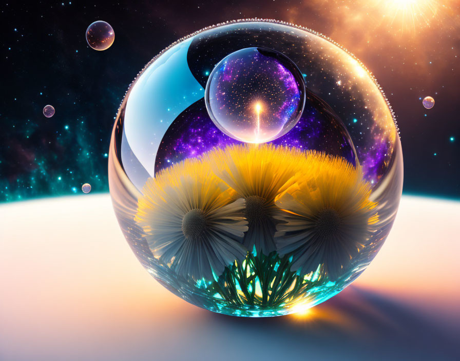 Colorful digital artwork: Transparent sphere with dandelions in cosmic setting