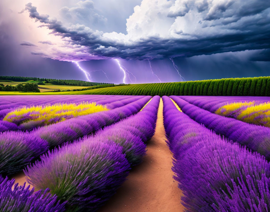 Vibrant Lavender Fields Amid Stormy Sky