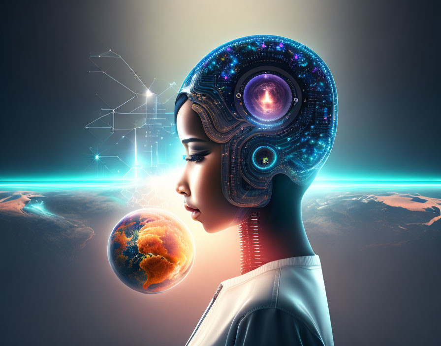 Futuristic female android with cosmic galaxy head and Earth, symbolizing AI and space.