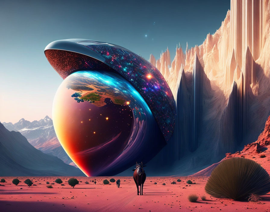 Surreal landscape with person and horse near cosmic egg in red desert