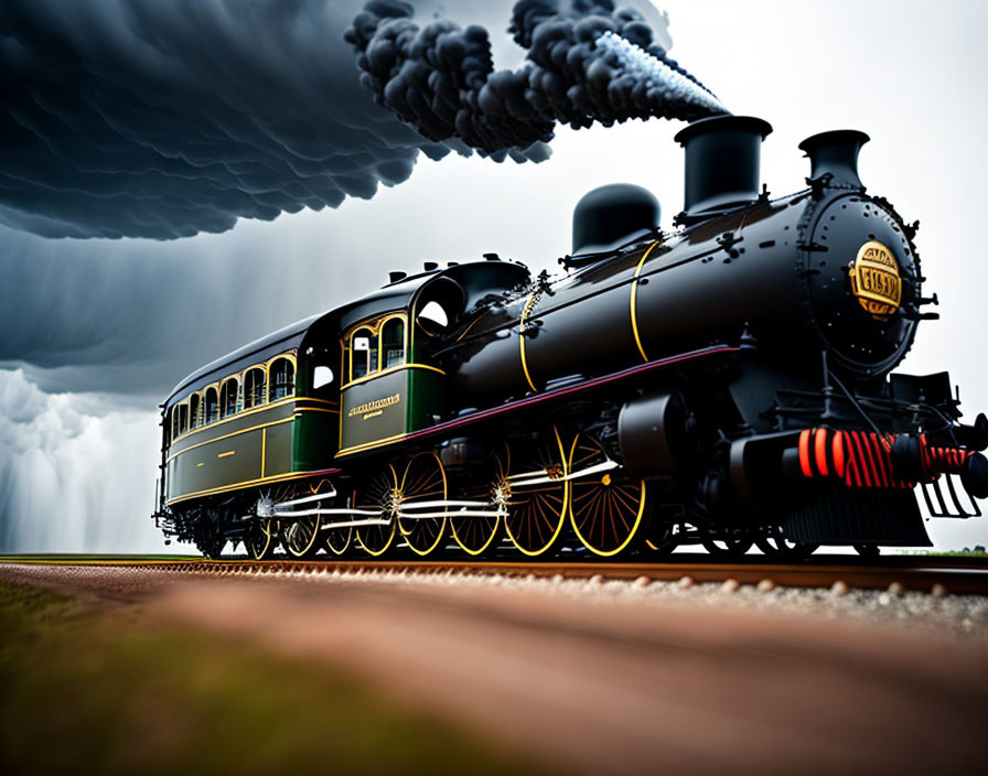 Vintage Steam Train on Tracks with Dramatic Clouds and Vibrant Colors