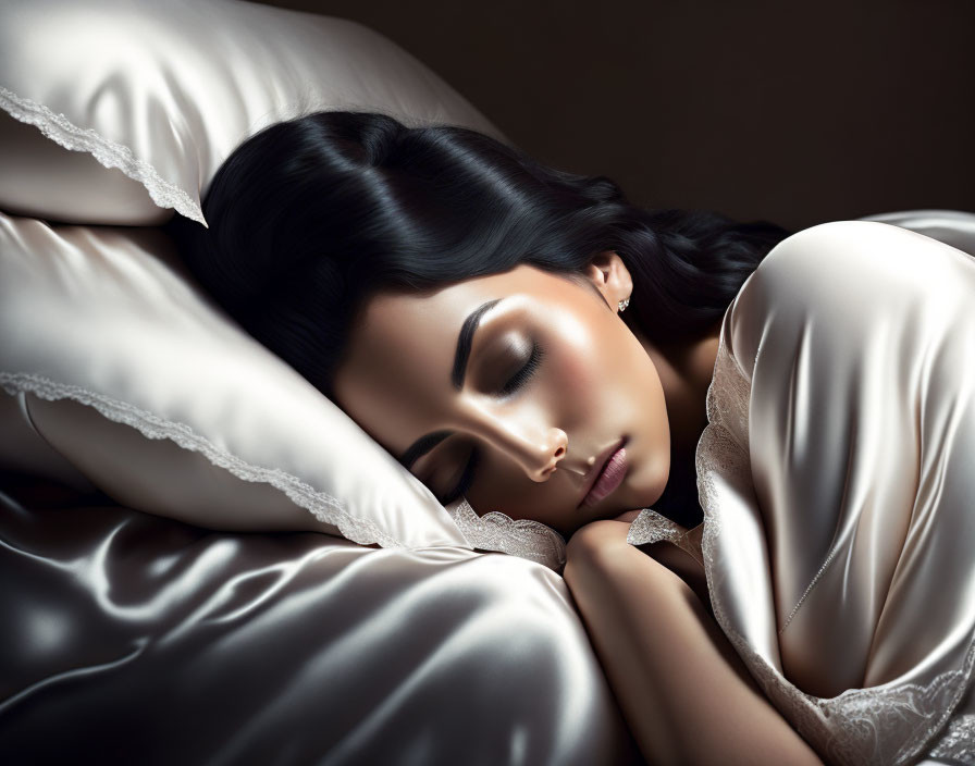 Dark-Haired Woman Sleeping Peacefully on Silk Bedding