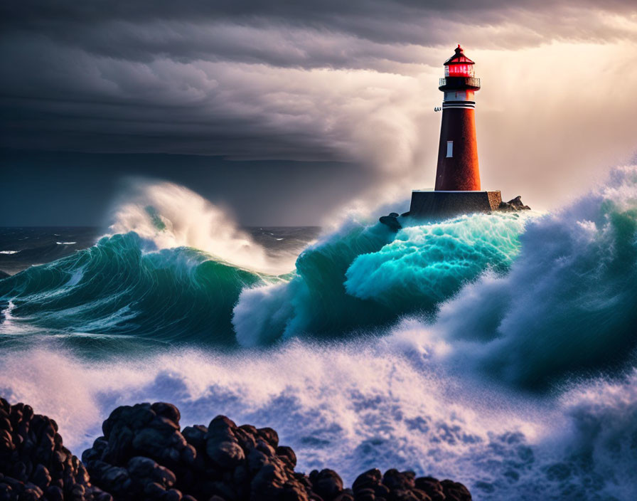 Red Lighthouse Against Turbulent Turquoise Waves and Stormy Sky