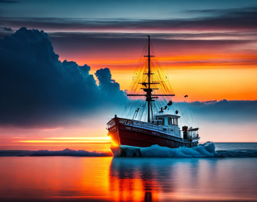 Vibrant Sunset Seascape with Ship Sailing in Orange and Blue Skies