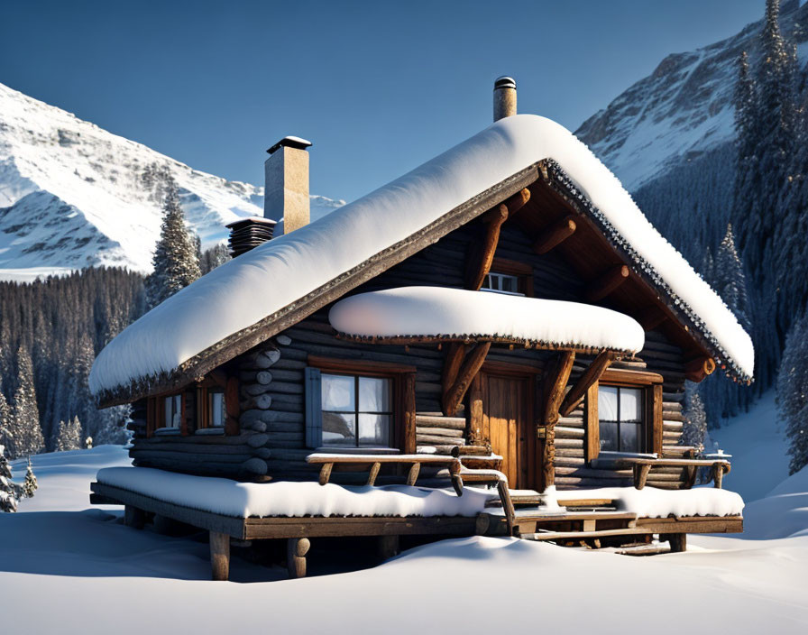 Snow-covered log cabin in serene mountain landscape