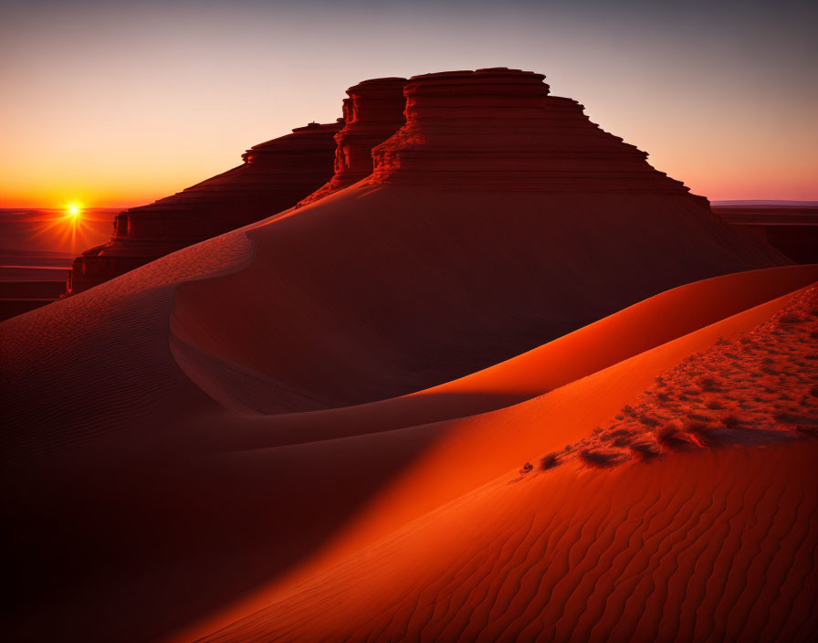 Vibrant orange sunset over layered sand dunes in tranquil desert landscape