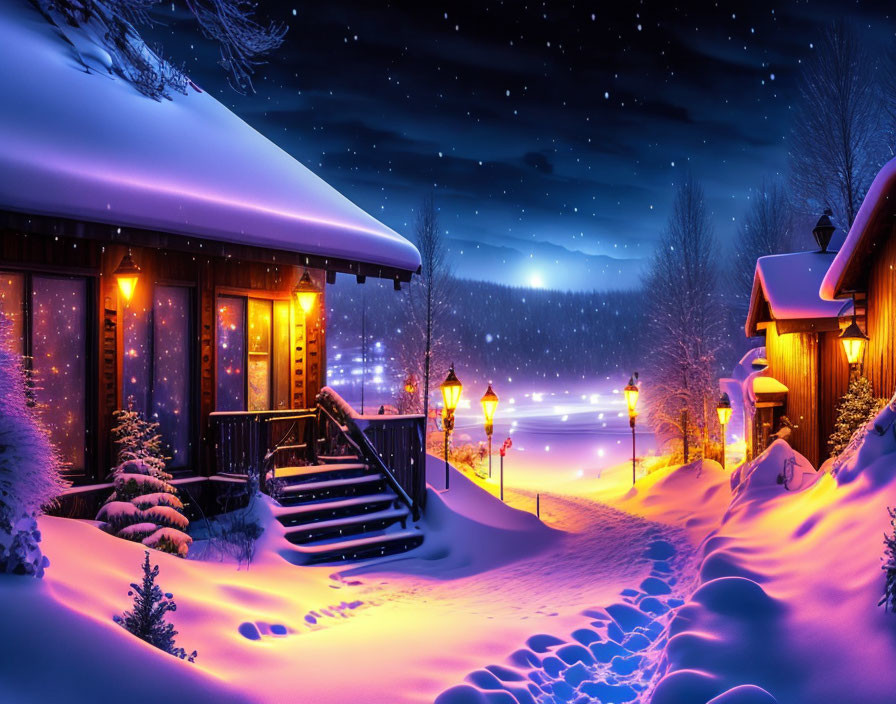 Snow-covered houses with glowing windows in a winter night scene