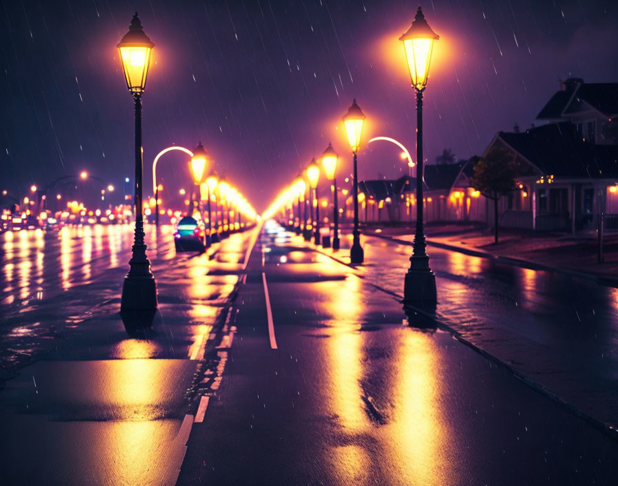 Rainy night scene with illuminated street lamps and wet road reflections.